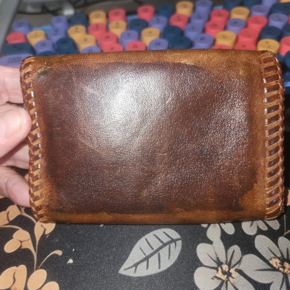 Vintage Handmade Brown Leather Whipstitch Trifold Wallet Mens Western Boho